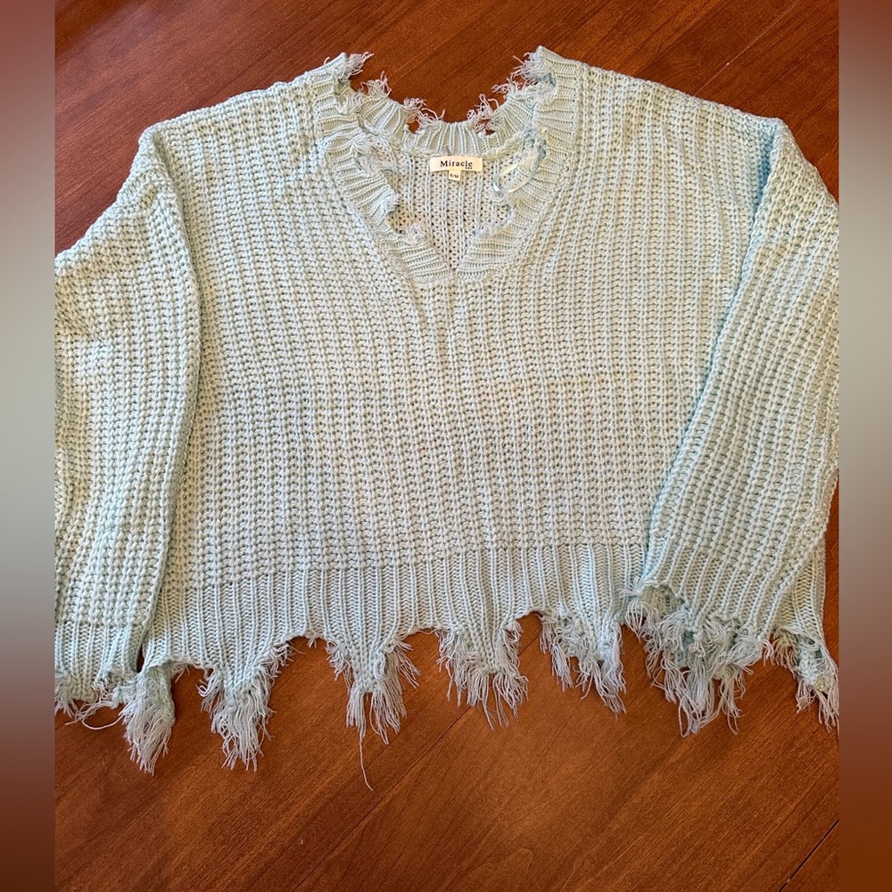 Miracle Distressed Fringed V Neck Sweater Size S/M